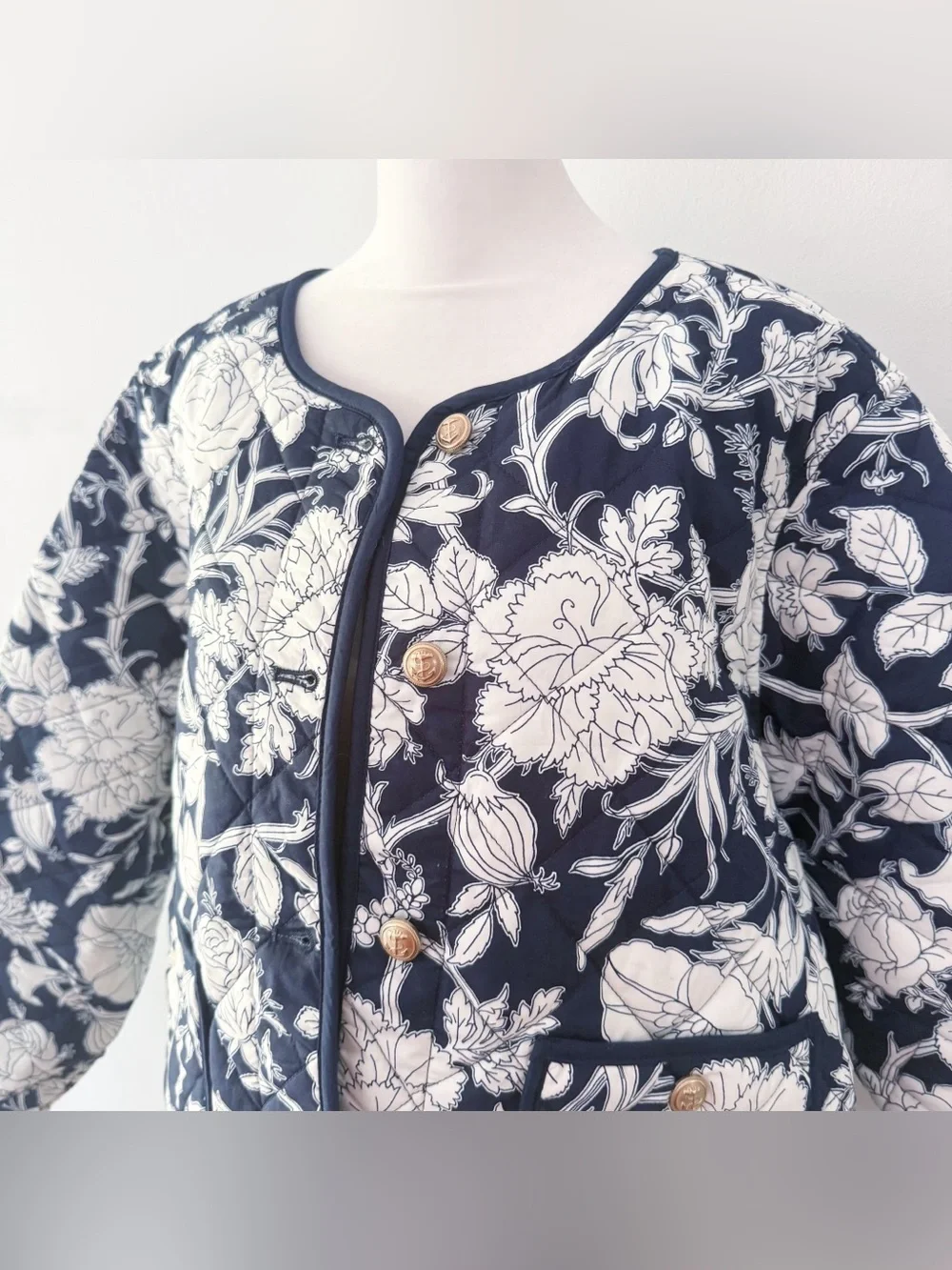 Time‎ & Tru Women 100% Cotton Floral Quilted Jacket XXL Navy Blue Coastal Casual